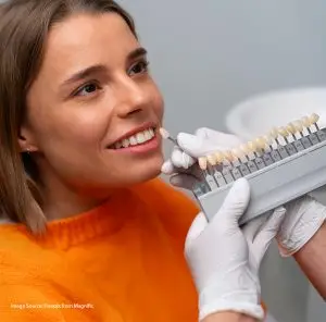 Close-up of professional cosmetic dental instruments used during a clinical porcelain veneers procedure.
